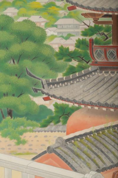 Japanese Four Panel Screen Okinawa Painting of a Temple Scene