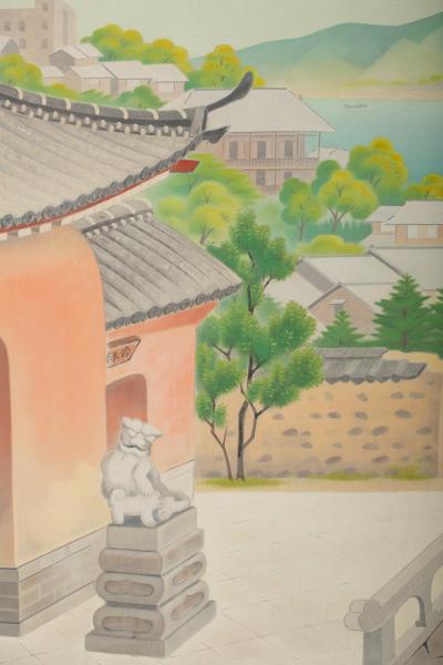 Japanese Four Panel Screen Okinawa Painting of a Temple Scene