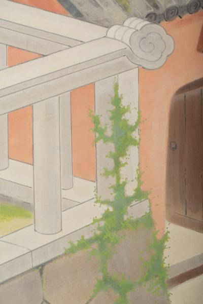 Japanese Four Panel Screen Okinawa Painting of a Temple Scene