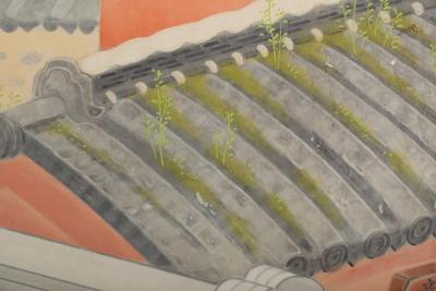 Japanese Four Panel Screen Okinawa Painting of a Temple Scene