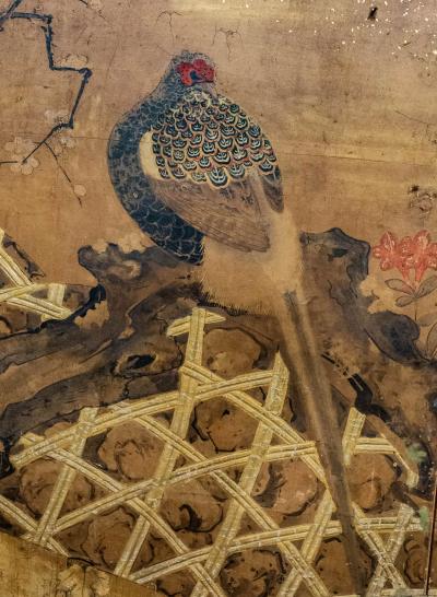Japanese Four Panel Screen Pheasant on Old Plum in Garden