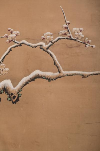 Japanese Four Panel Screen Pheasants in Ancient Plum in Snowy Landscape