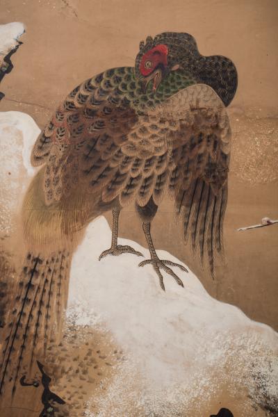 Japanese Four Panel Screen Pheasants in Ancient Plum in Snowy Landscape
