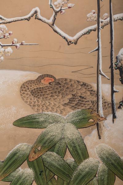 Japanese Four Panel Screen Pheasants in Ancient Plum in Snowy Landscape