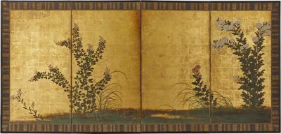 Japanese Four Panel Screen Rimpa Flowers