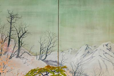Japanese Four Panel Screen Snowy Mountain Landscape
