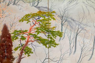 Japanese Four Panel Screen Snowy Mountain Landscape