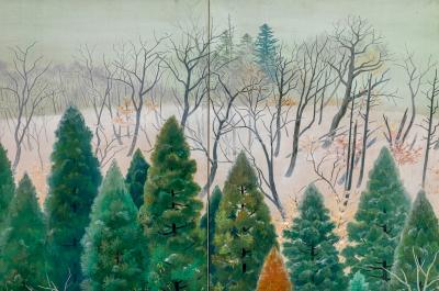 Japanese Four Panel Screen Snowy Mountain Landscape