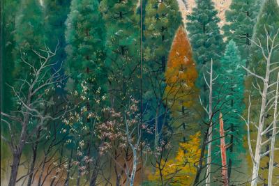 Japanese Four Panel Screen Snowy Mountain Landscape