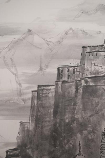 Japanese Four Panel Screen Tibetan Mountain Monastery