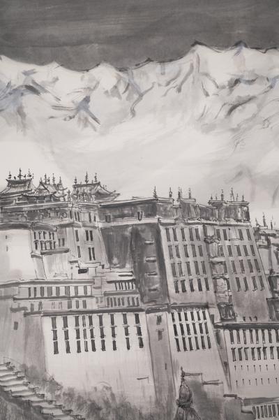 Japanese Four Panel Screen Tibetan Mountain Monastery