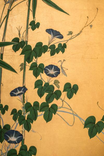 Japanese Four Panel Screen Young Bamboo and Morning Glory