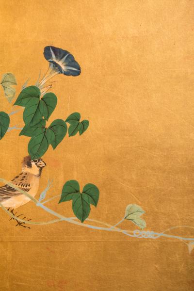 Japanese Four Panel Screen Young Bamboo and Morning Glory