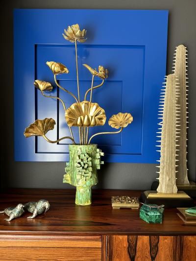 Japanese Gilt Wood Lotus Flowers in Brutalist Ceramic Pot