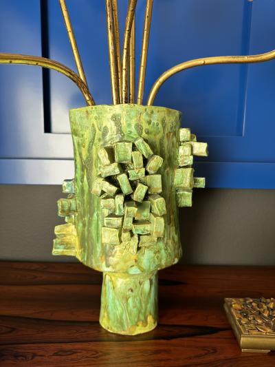 Japanese Gilt Wood Lotus Flowers in Brutalist Ceramic Pot