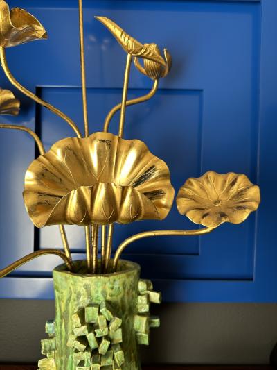 Japanese Gilt Wood Lotus Flowers in Brutalist Ceramic Pot