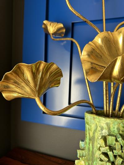 Japanese Gilt Wood Lotus Flowers in Brutalist Ceramic Pot