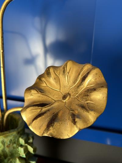 Japanese Gilt Wood Lotus Flowers in Brutalist Ceramic Pot