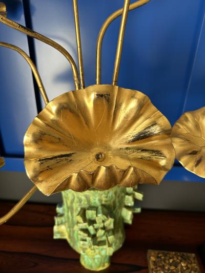 Japanese Gilt Wood Lotus Flowers in Brutalist Ceramic Pot