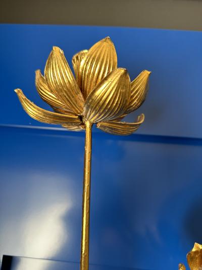 Japanese Gilt Wood Lotus Flowers in Brutalist Ceramic Pot