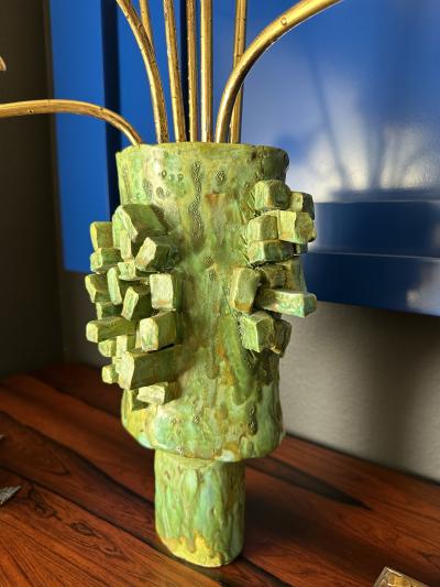 Japanese Gilt Wood Lotus Flowers in Brutalist Ceramic Pot