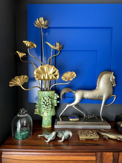Japanese Gilt Wood Lotus Flowers in Brutalist Ceramic Pot