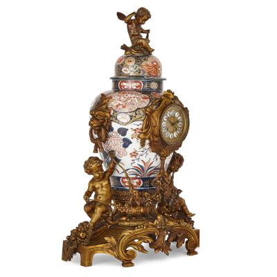 Japanese Imari porcelain and gilt bronze clock set