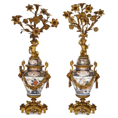 Japanese Imari porcelain and gilt bronze clock set