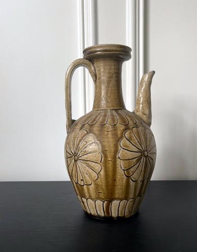 Japanese Ko Seto Stoneware Ewer with Carved Chrysanthemum Design