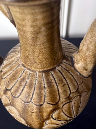 Japanese Ko Seto Stoneware Ewer with Carved Chrysanthemum Design
