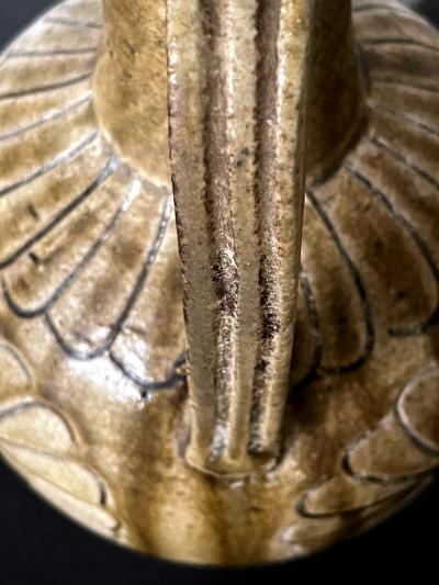Japanese Ko Seto Stoneware Ewer with Carved Chrysanthemum Design