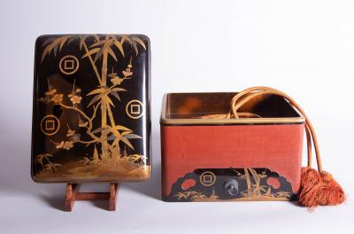 Japanese Lacquer Box with Bamboo Plum and Family Crest