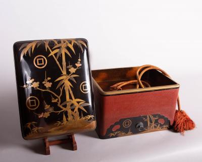 Japanese Lacquer Box with Bamboo Plum and Family Crest