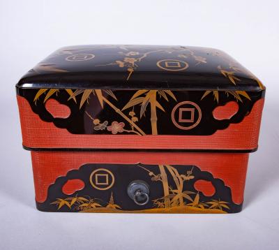 Japanese Lacquer Box with Bamboo Plum and Family Crest