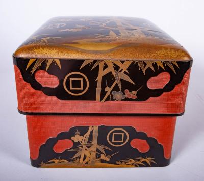 Japanese Lacquer Box with Bamboo Plum and Family Crest