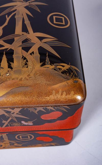 Japanese Lacquer Box with Bamboo Plum and Family Crest