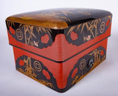 Japanese Lacquer Box with Bamboo Plum and Family Crest