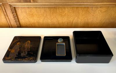 Japanese Lacquer Maki e Tiered Scholar Suzuribako and Ryoshibako