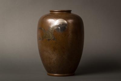 Japanese Meiji Bronze Takaoka Vase With Waterfowl and Moon Design
