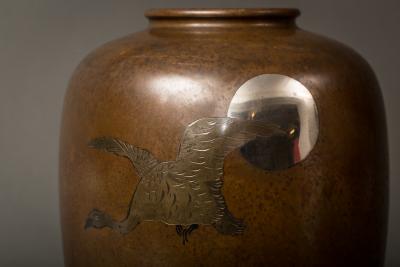 Japanese Meiji Bronze Takaoka Vase With Waterfowl and Moon Design