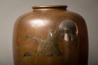 Japanese Meiji Bronze Takaoka Vase With Waterfowl and Moon Design
