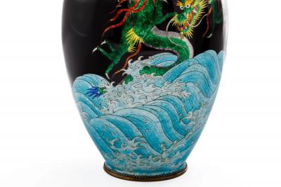 Japanese Meiji Cloisonn Enamel Ginbari Vase Green Dragon by Kumeno Teitaro