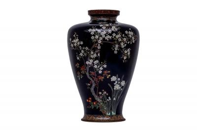 Japanese Meiji Cloisonn Enamel Vase with Cherry Blossoms Ota Tamashiro