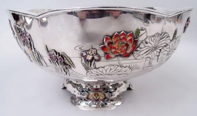 Japanese Meiji Enamel Centerpiece Bowl with Irises Water Lilies