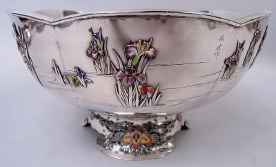 Japanese Meiji Enamel Centerpiece Bowl with Irises Water Lilies