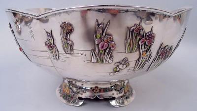 Japanese Meiji Enamel Centerpiece Bowl with Irises Water Lilies