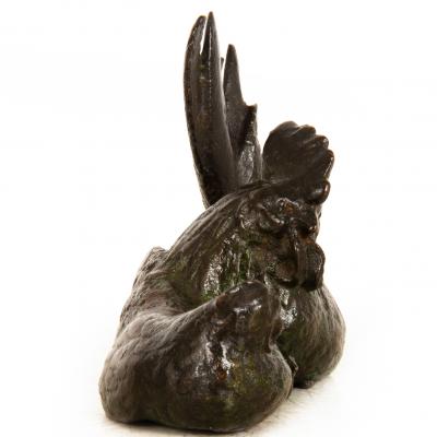Japanese Meiji Period Bronze Okimono Sculpture of Rooster Hen
