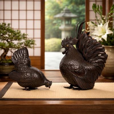 Japanese Meiji Period Pair of Bronze Sculptures Okimono of Rooster Hen