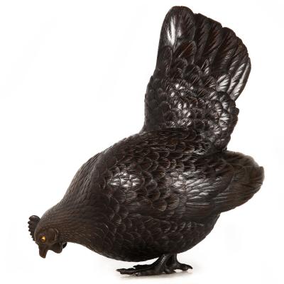 Japanese Meiji Period Pair of Bronze Sculptures Okimono of Rooster Hen