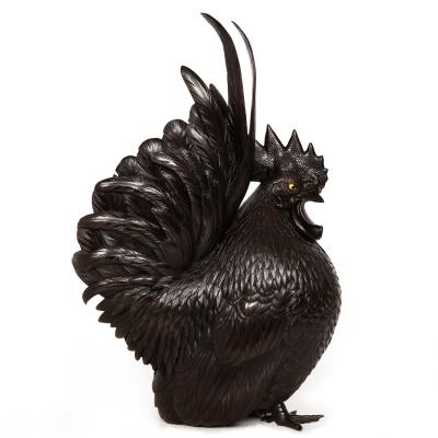 Japanese Meiji Period Pair of Bronze Sculptures Okimono of Rooster Hen